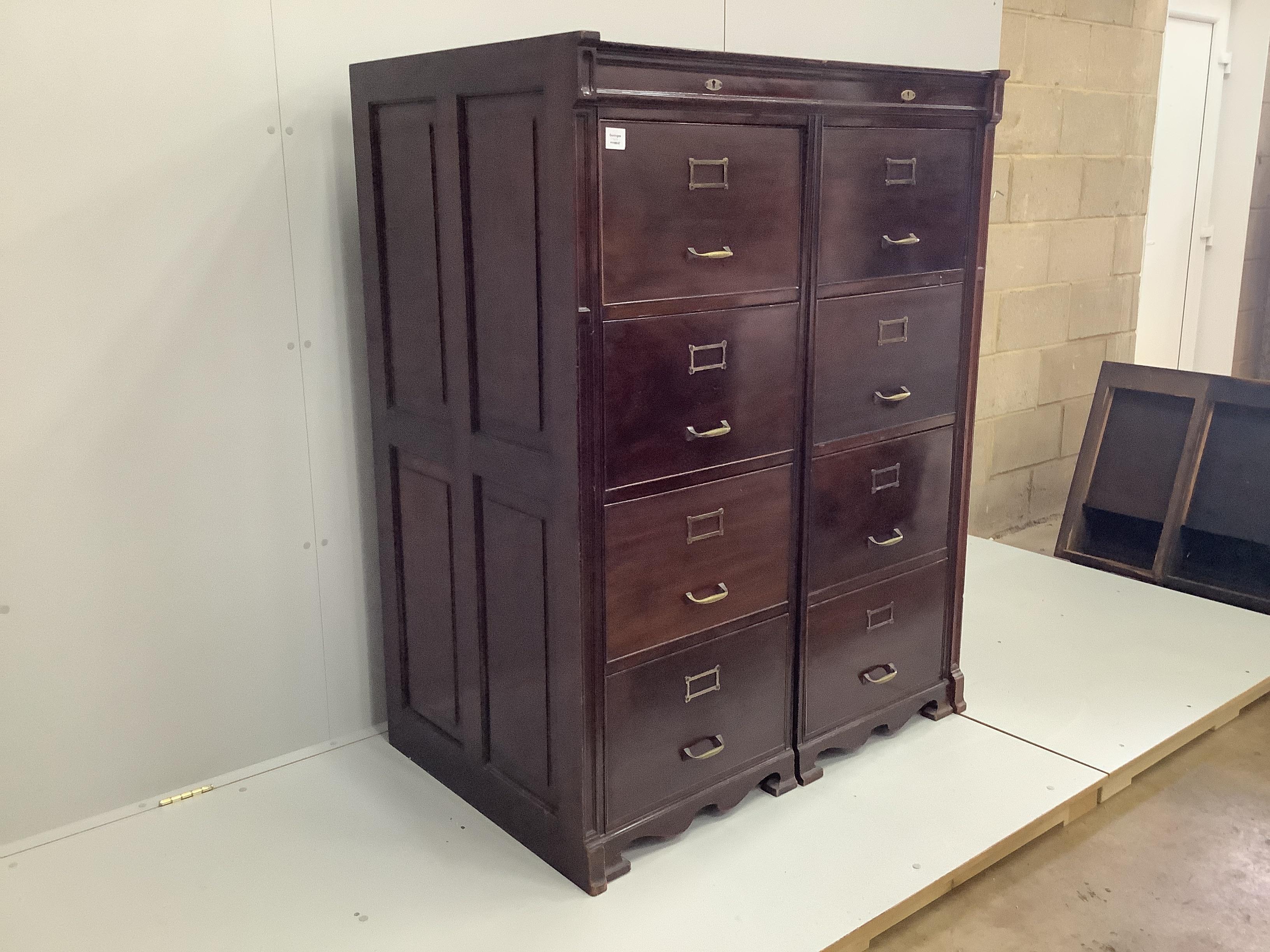An Edwardian mahogany eight drawer double bank filing cabinet, combined width 113cm, depth 75cm, height 146cm. Originally in the ownership of Edwin Waterhouse (1841-1917), co-founder of Price Waterhouse (now Price Waterh